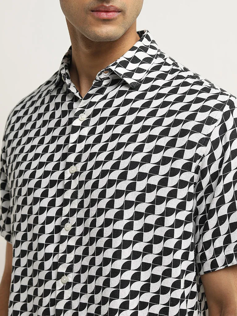 Ascot Black & White Printed Relaxed-Fit Blended Linen Shirt