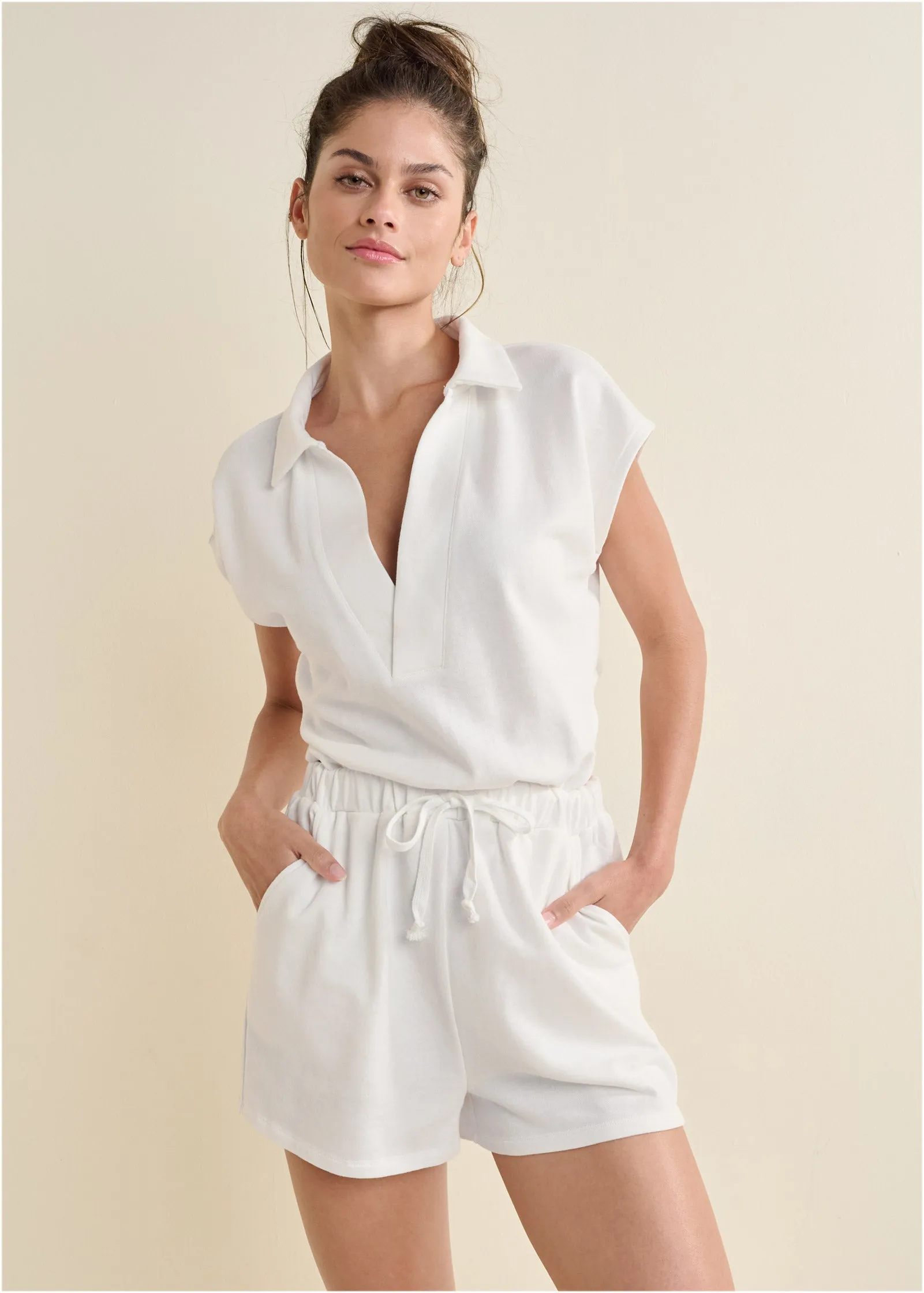 Back Cutout V-Neck Romper - Off White