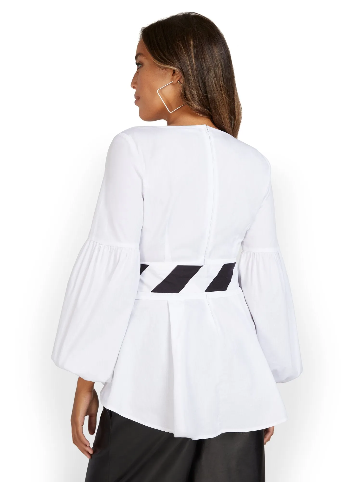 Balloon-Sleeve Belted Poplin Top