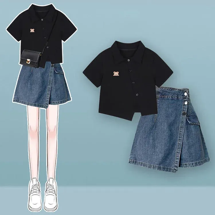 Bear Embroidery Crop Top Polo Collar T-Shirt Denim Shorts