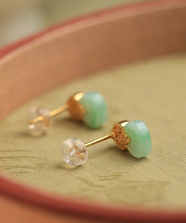 Beautiful Light Green Sterling Silver Overgild Jade Stud Earrings DF1016