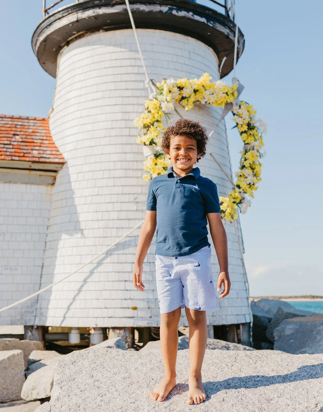 Blue Kids Seersucker Shorts with Navy Embroidered Nantuckets