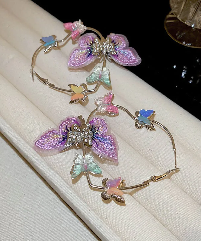 Casual Purple Sterling Silver Alloy Zircon Butterfly Love Hoop Earrings RA042