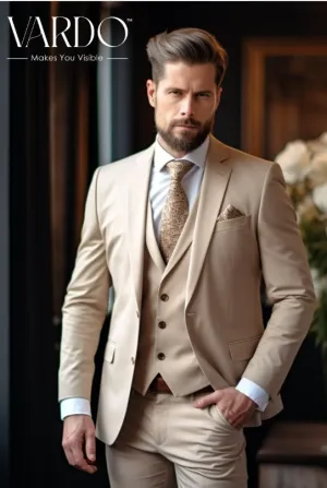 Classic Beige Three-Piece Suit for Men - Elegant Tailoring, Versatile Style, The Rising Sun store, Vardo