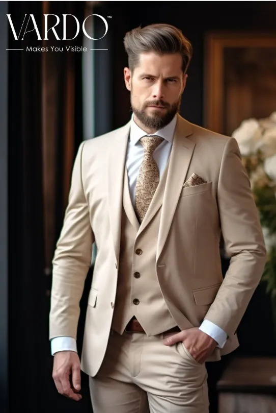 Classic Beige Three-Piece Suit for Men - Elegant Tailoring, Versatile Style, The Rising Sun store, Vardo