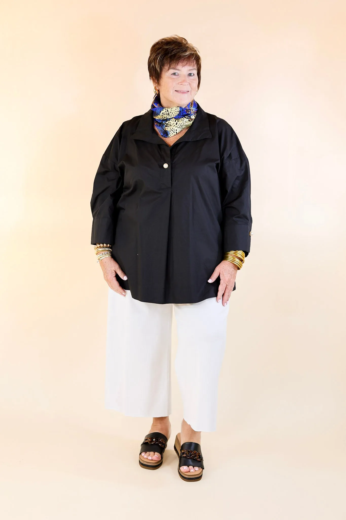 Coastal Breeze Collared Top with Pearl Buttons in Black