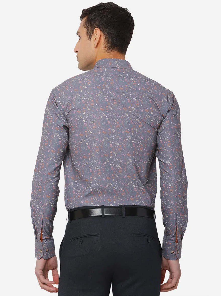 Dark Grey & Orange Printed Slim Fit Party Wear Shirt | JB Studio