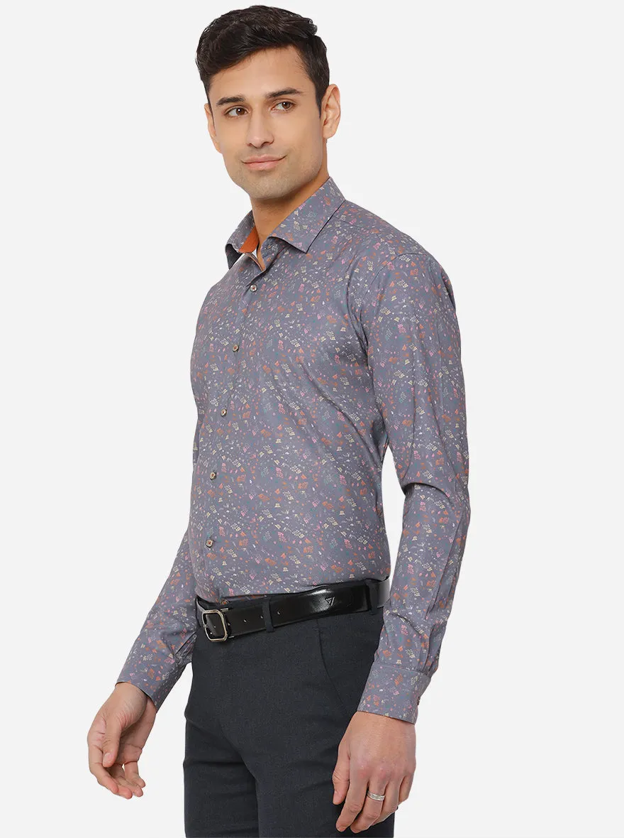 Dark Grey & Orange Printed Slim Fit Party Wear Shirt | JB Studio