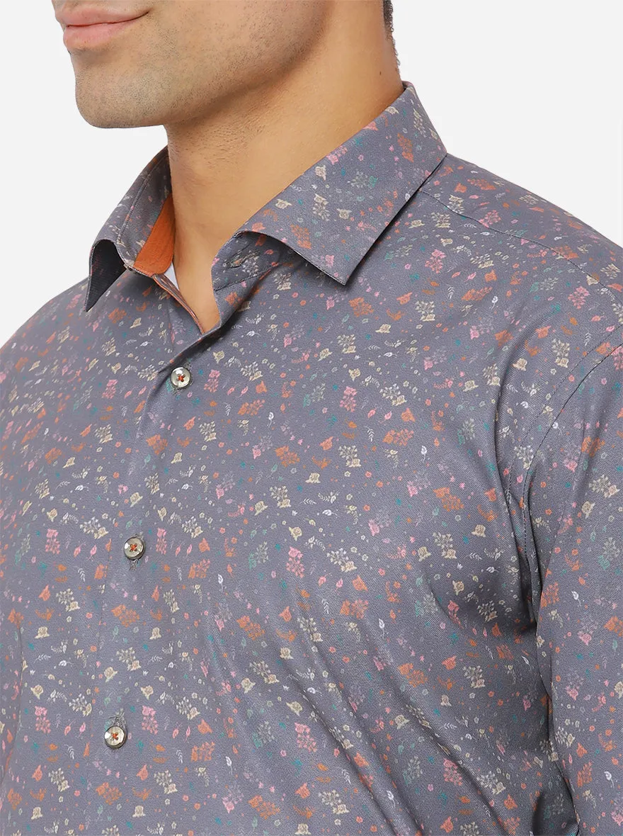 Dark Grey & Orange Printed Slim Fit Party Wear Shirt | JB Studio