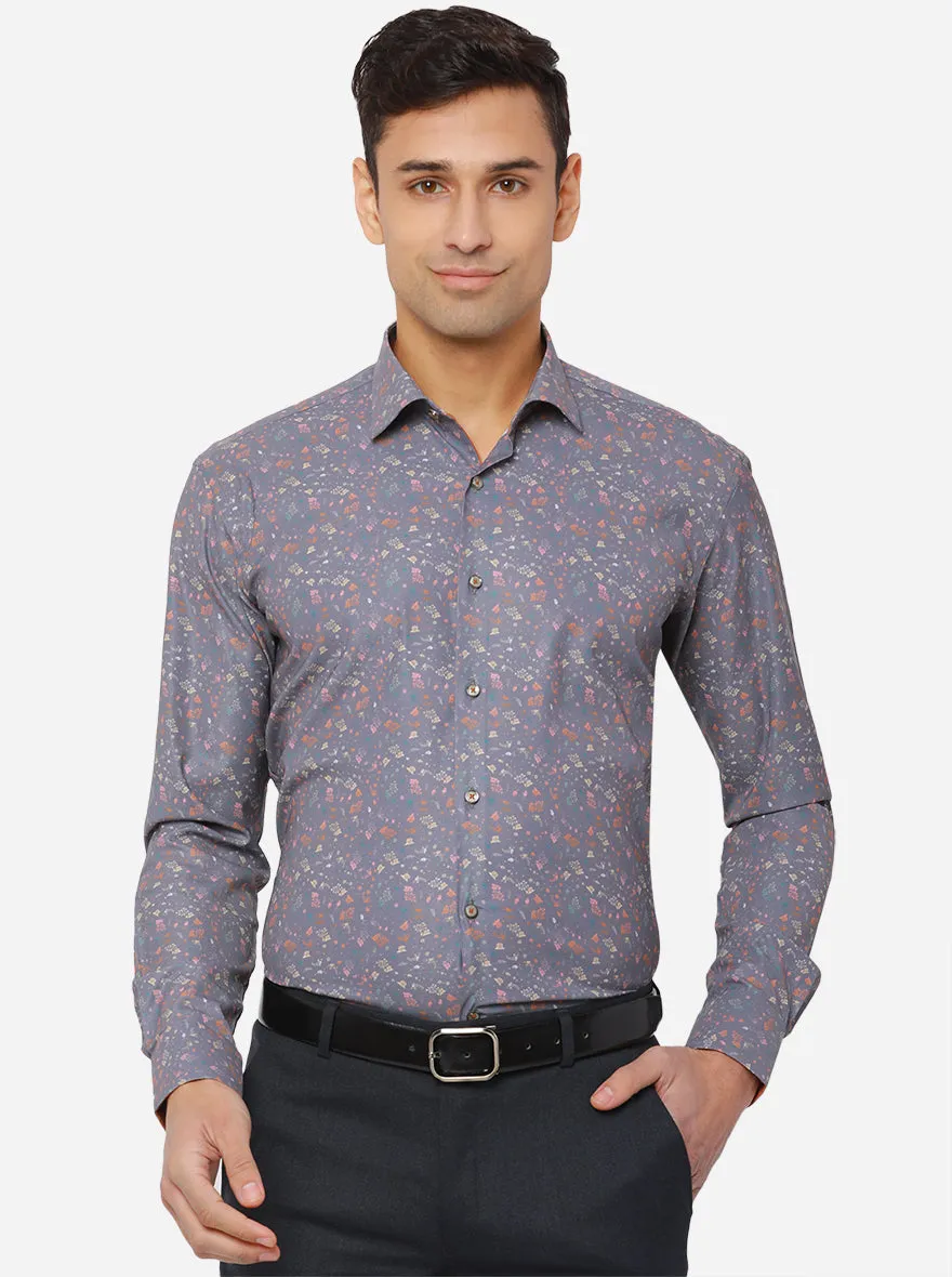 Dark Grey & Orange Printed Slim Fit Party Wear Shirt | JB Studio