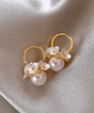 DIY White Alloy Floral Pearl Hoop Earrings WH003