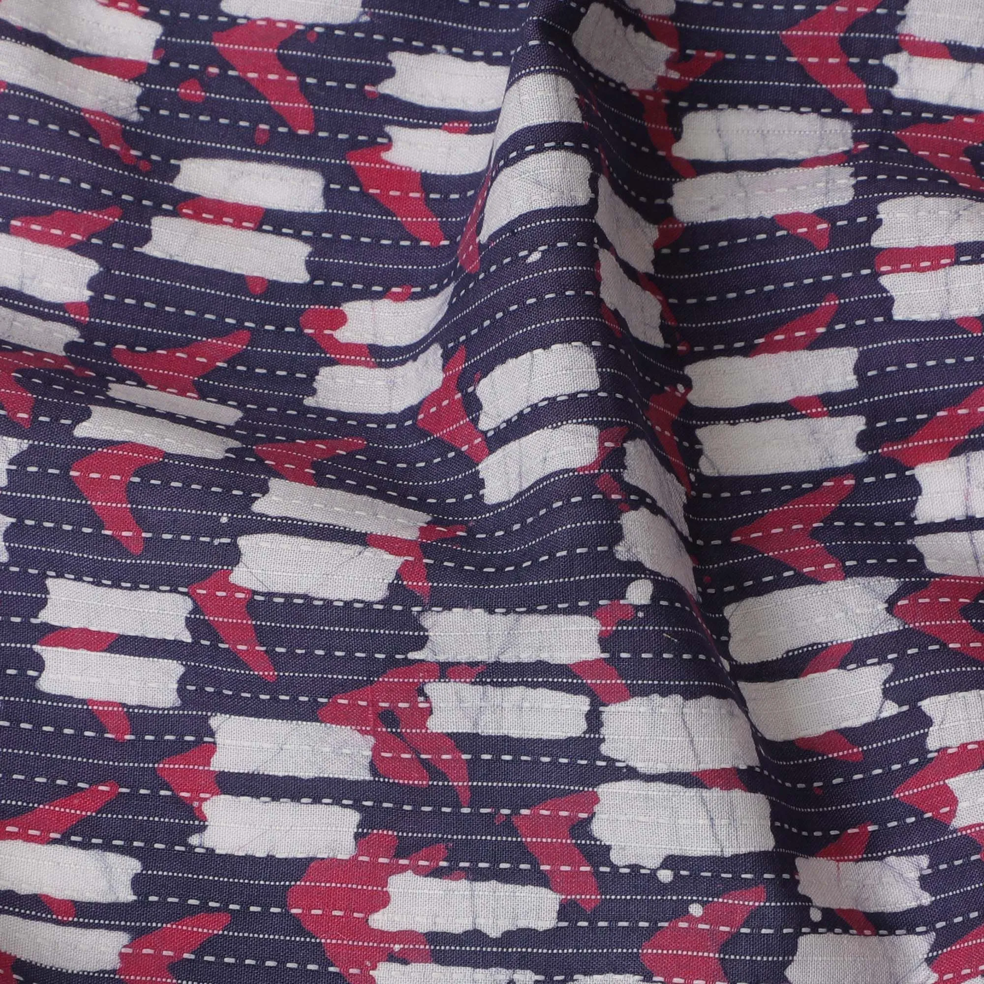 Dynamic Dashes Cotton Lawn Fabric - Navy, Red, and White Streaked Pattern, 110cm Width-D18769