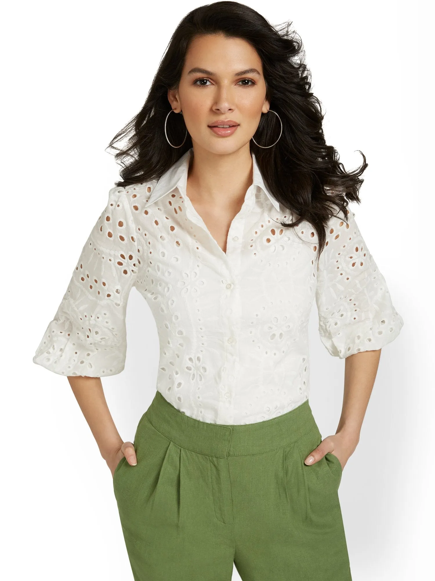 Eyelet Button-Front Shirt