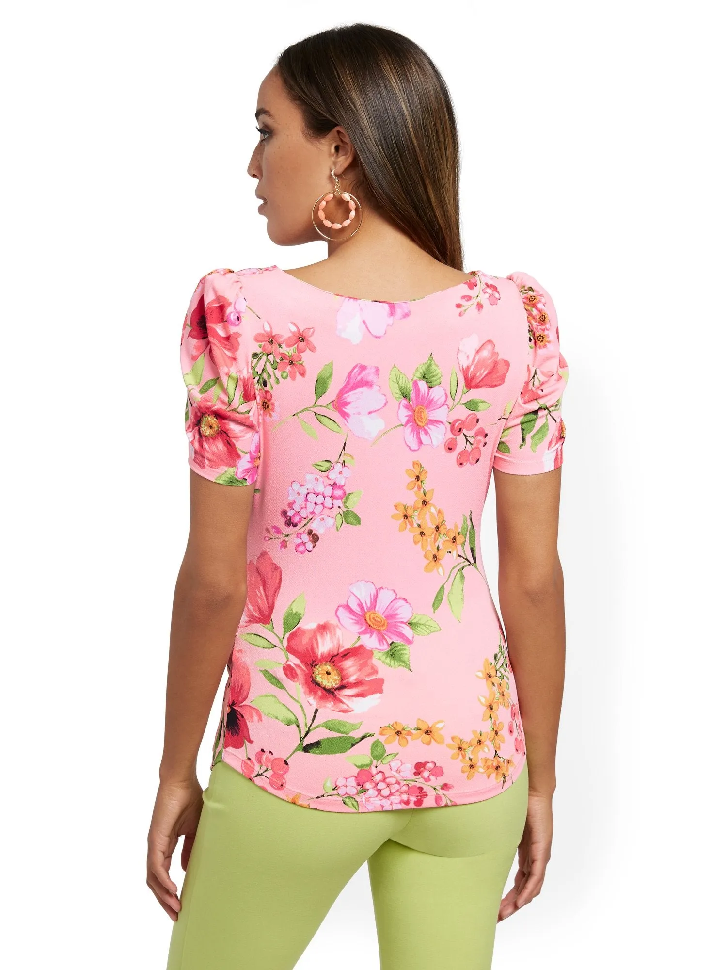 Floral Ruched Puff-Sleeve Top - 7th Avenue