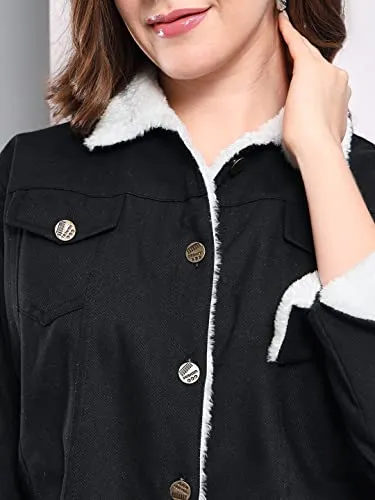 FUNDAY FASHION Cotton Blend Full Sleeve Solid Women Long Jacket (Large, Black)