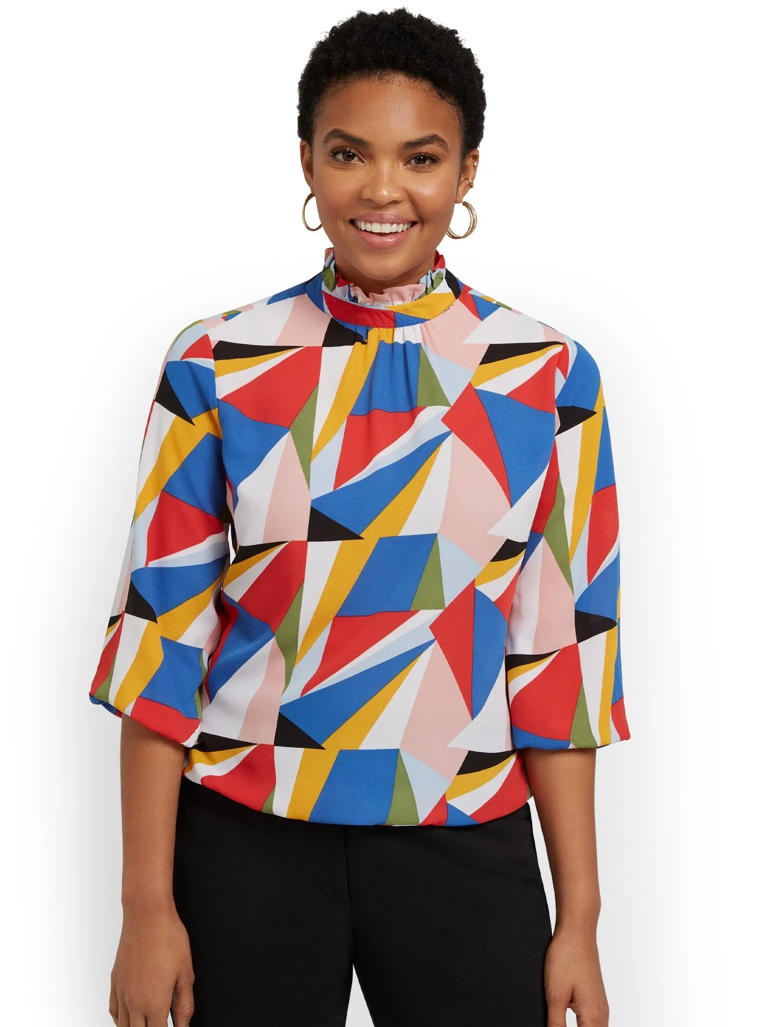 Geometric-Print Mock-Neck Blouse