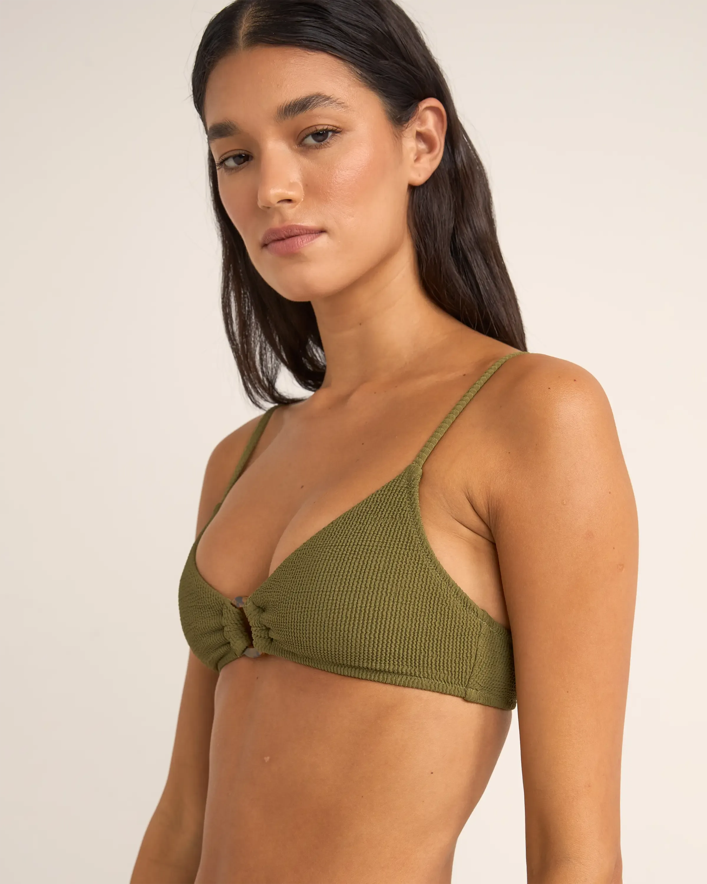 Isla Rib Ring Front Trilete Bikini Top in Ivy