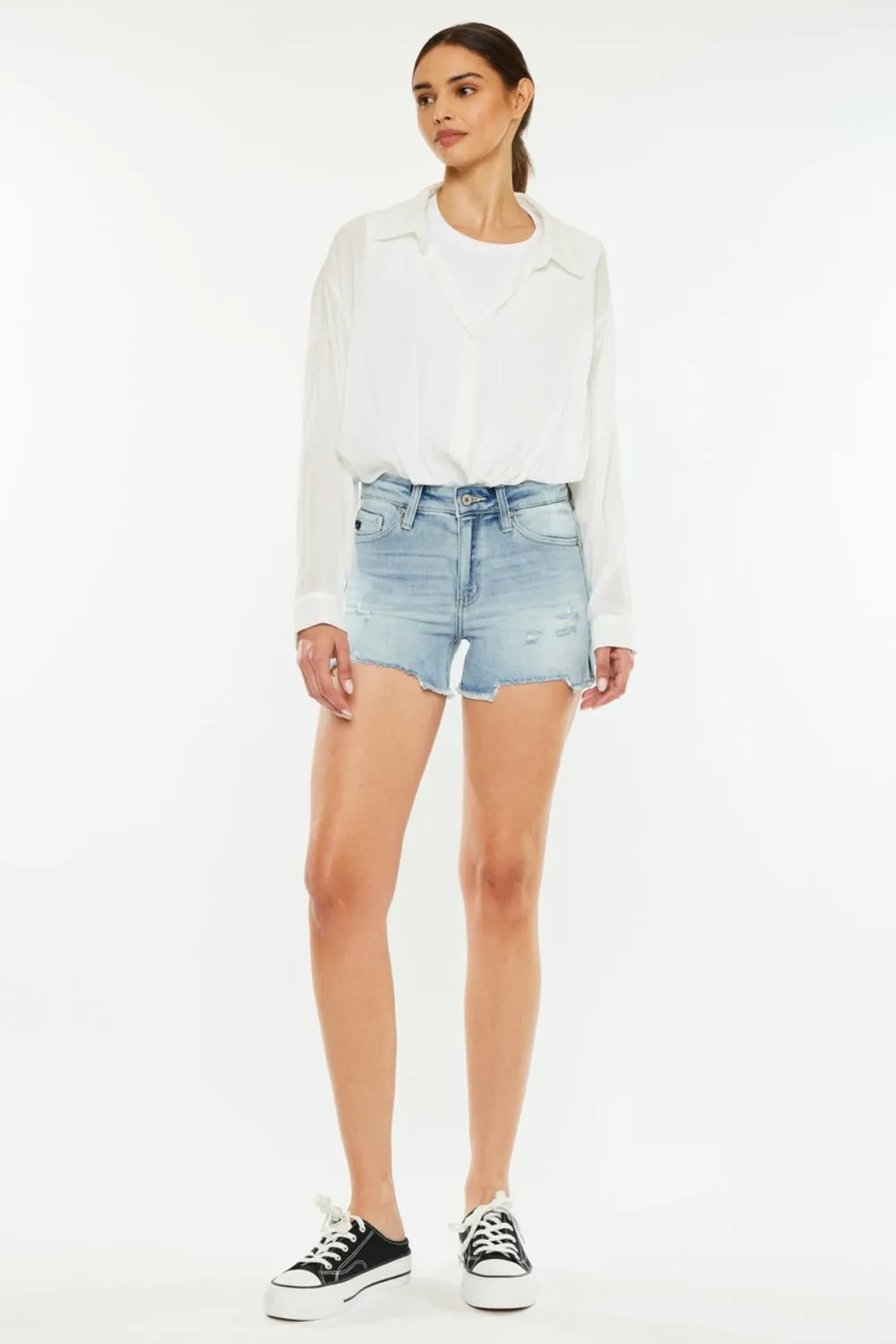 Kancan High Rise Side Slit Denim Shorts