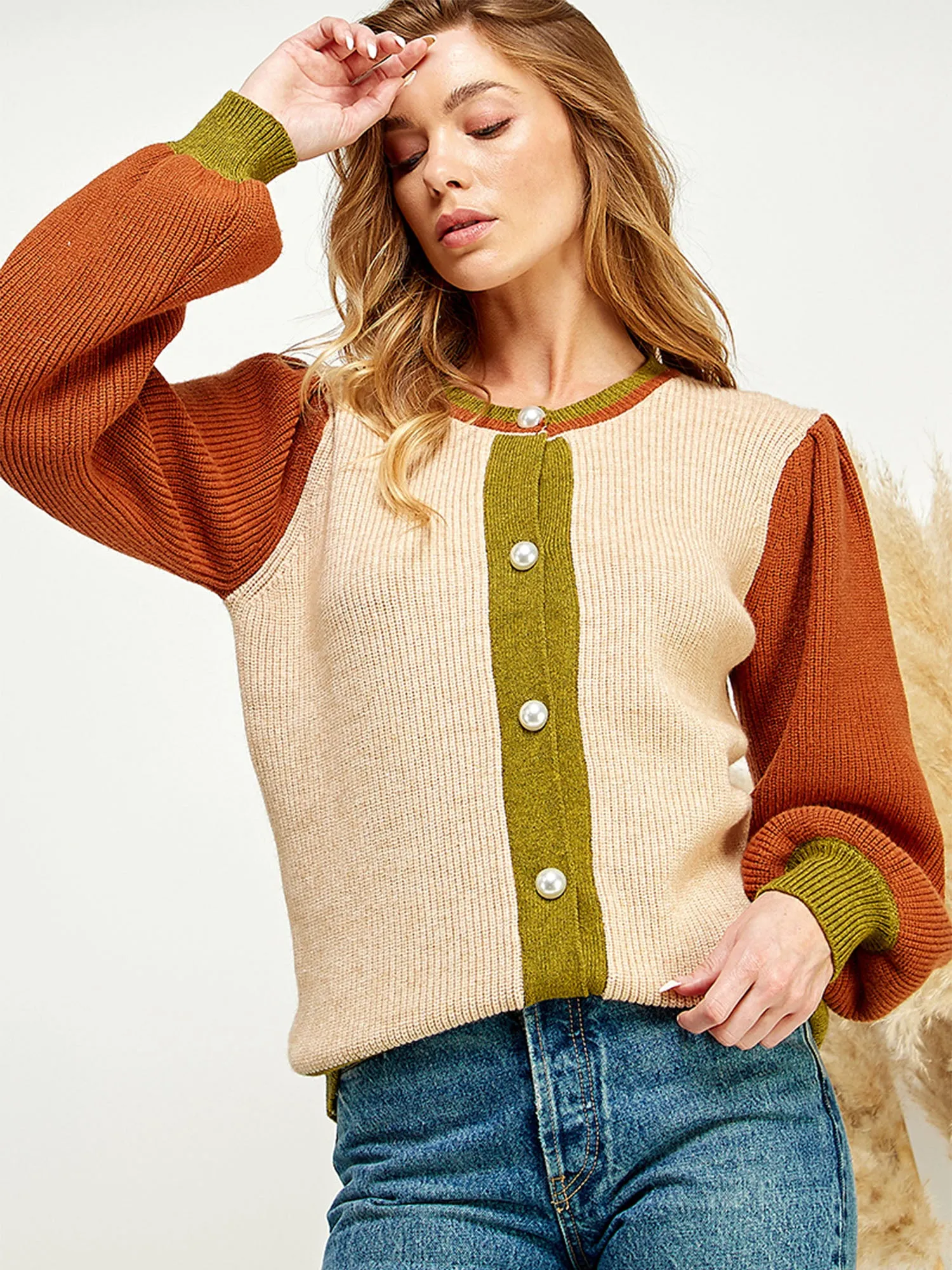 Long Sleeve Colorblock Pearl Button Cardigan