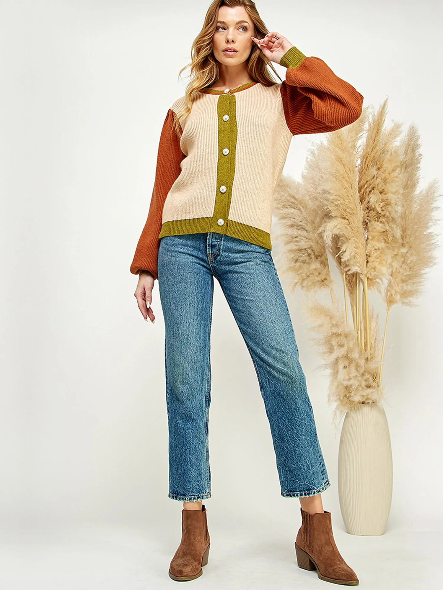 Long Sleeve Colorblock Pearl Button Cardigan