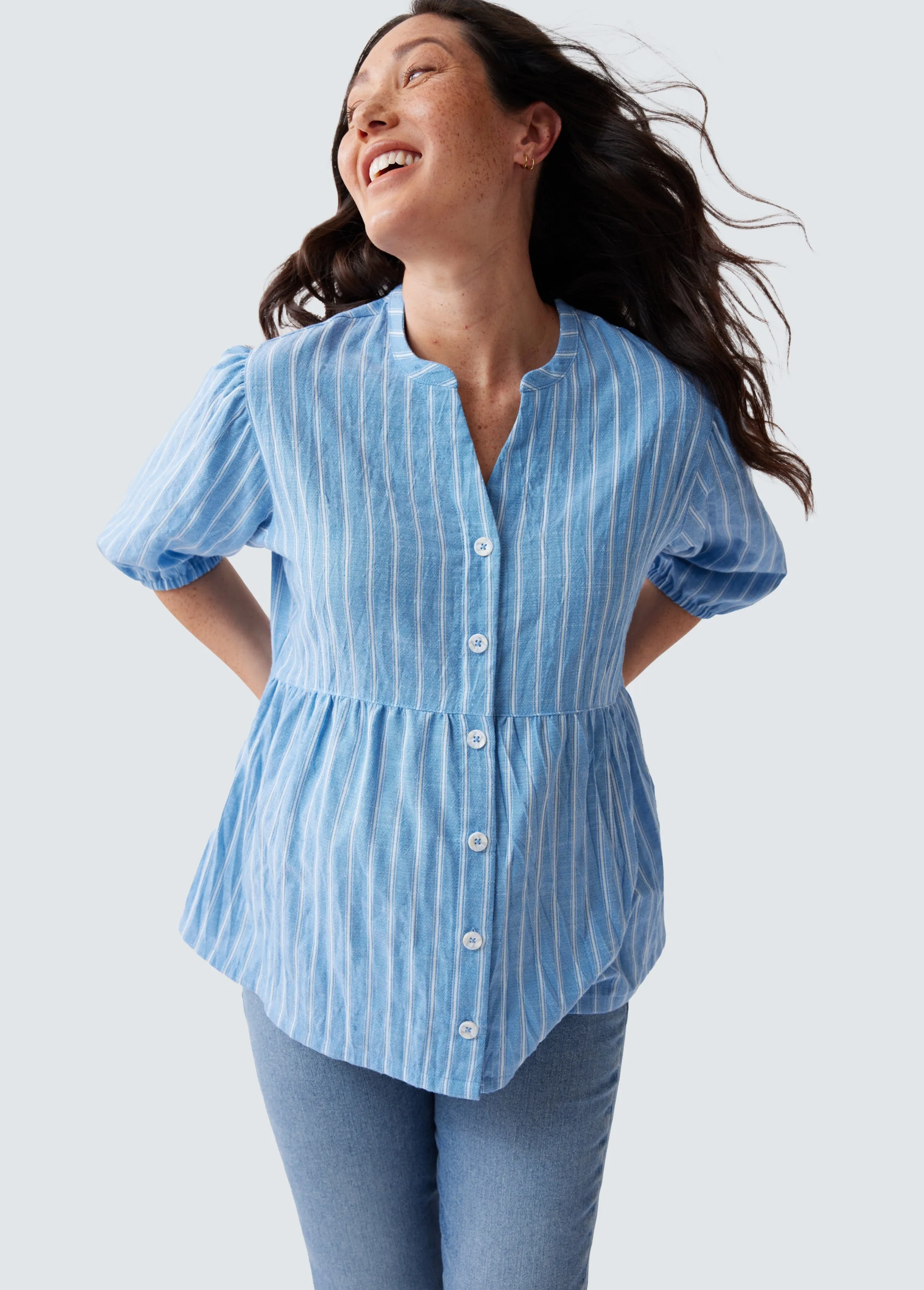 Maternity   Nursing Peplum Shirt Blue and White Stripe Button Up, Short Sleeve