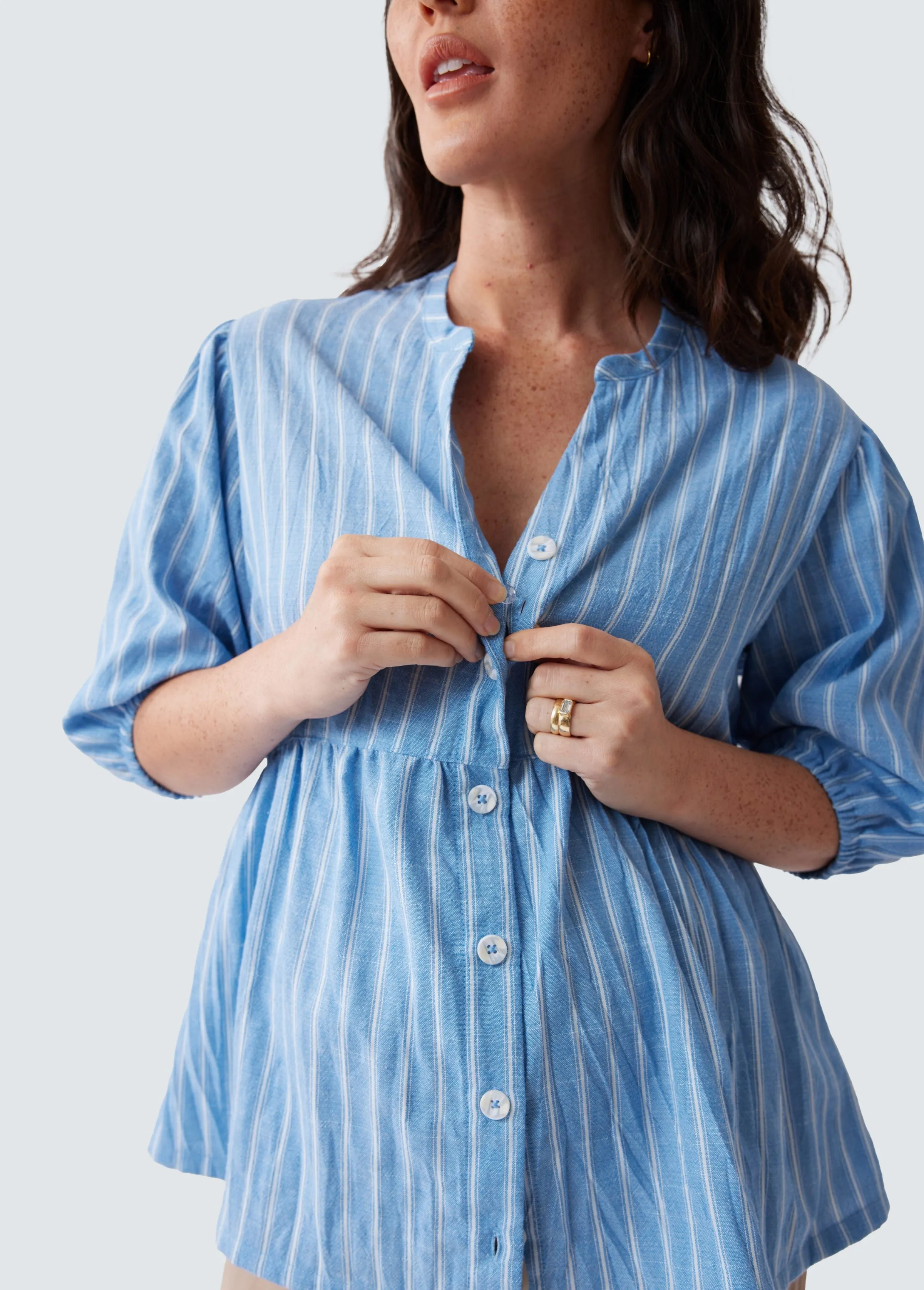 Maternity   Nursing Peplum Shirt Blue and White Stripe Button Up, Short Sleeve