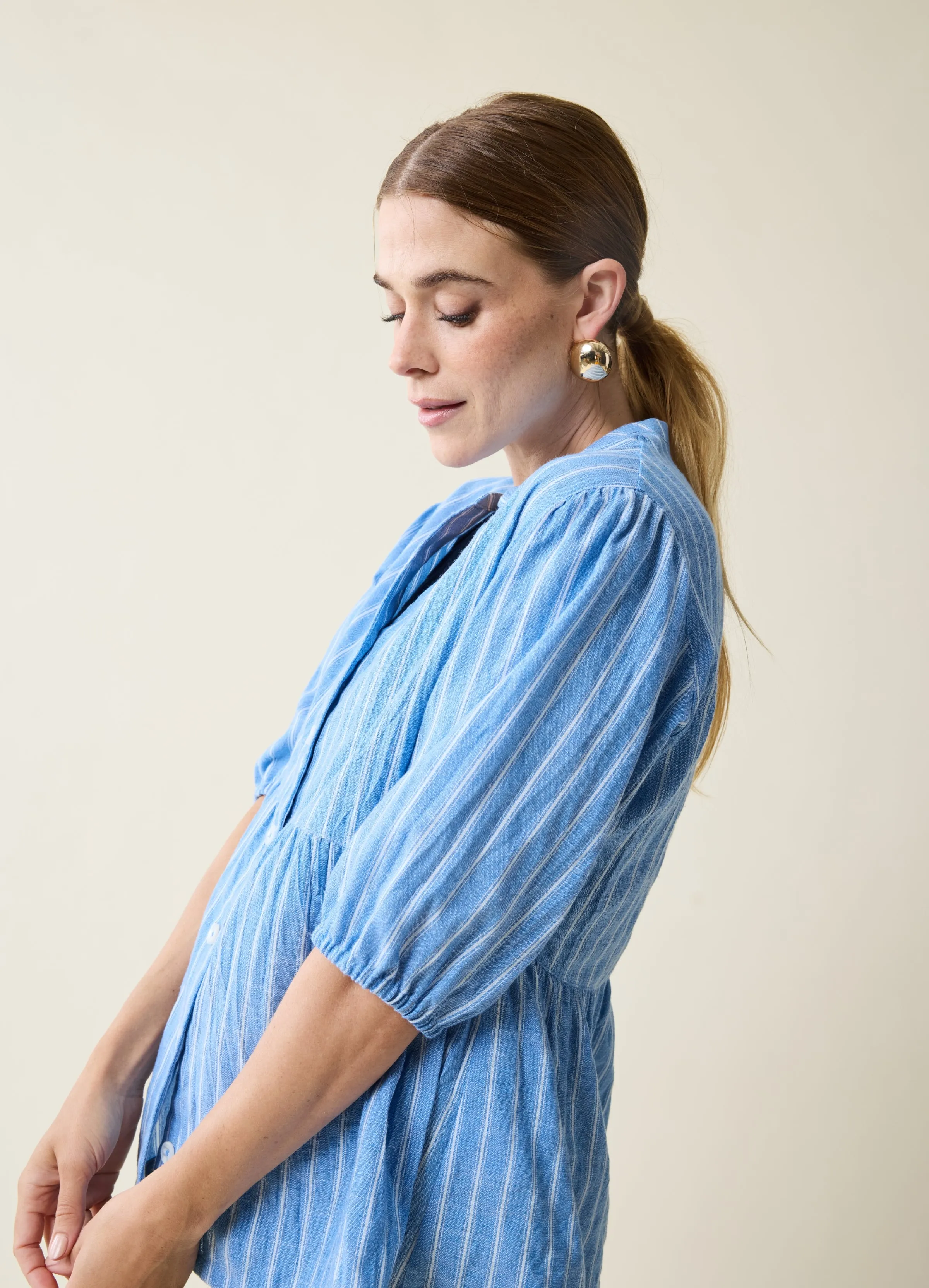 Maternity   Nursing Peplum Shirt Blue and White Stripe Button Up, Short Sleeve