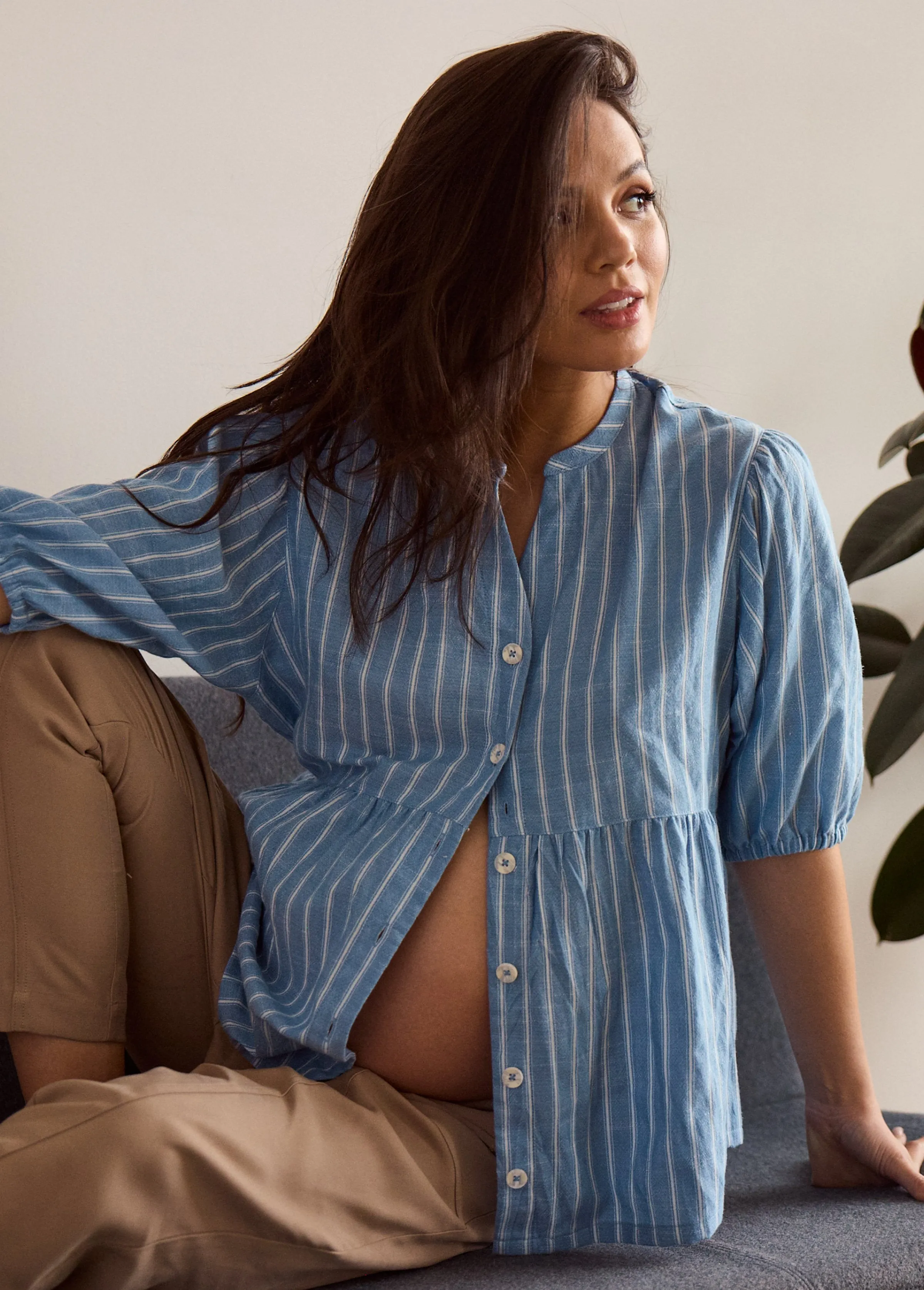 Maternity   Nursing Peplum Shirt Blue and White Stripe Button Up, Short Sleeve