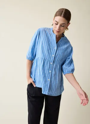 Maternity   Nursing Peplum Shirt Blue and White Stripe Button Up, Short Sleeve