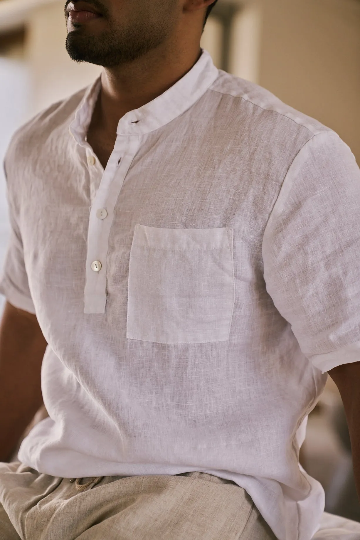 Mens Mandarin Short Shirt | White