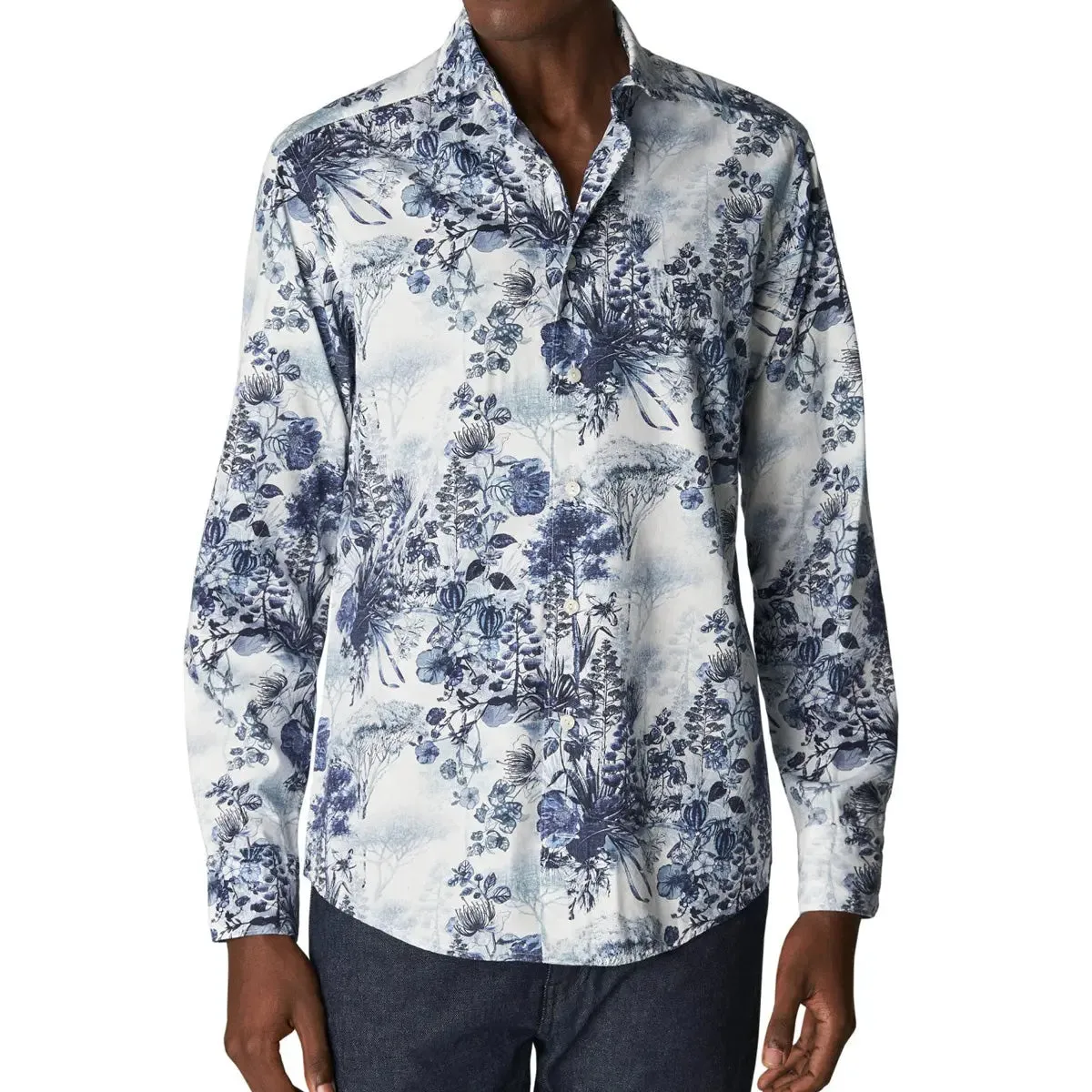 Navy Floral Print Cotton-Tencel™ Slim Fit Shirt