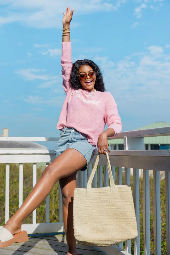 Off To The Beach Pink Coastal Script Sweater