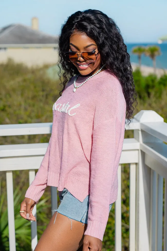 Off To The Beach Pink Coastal Script Sweater