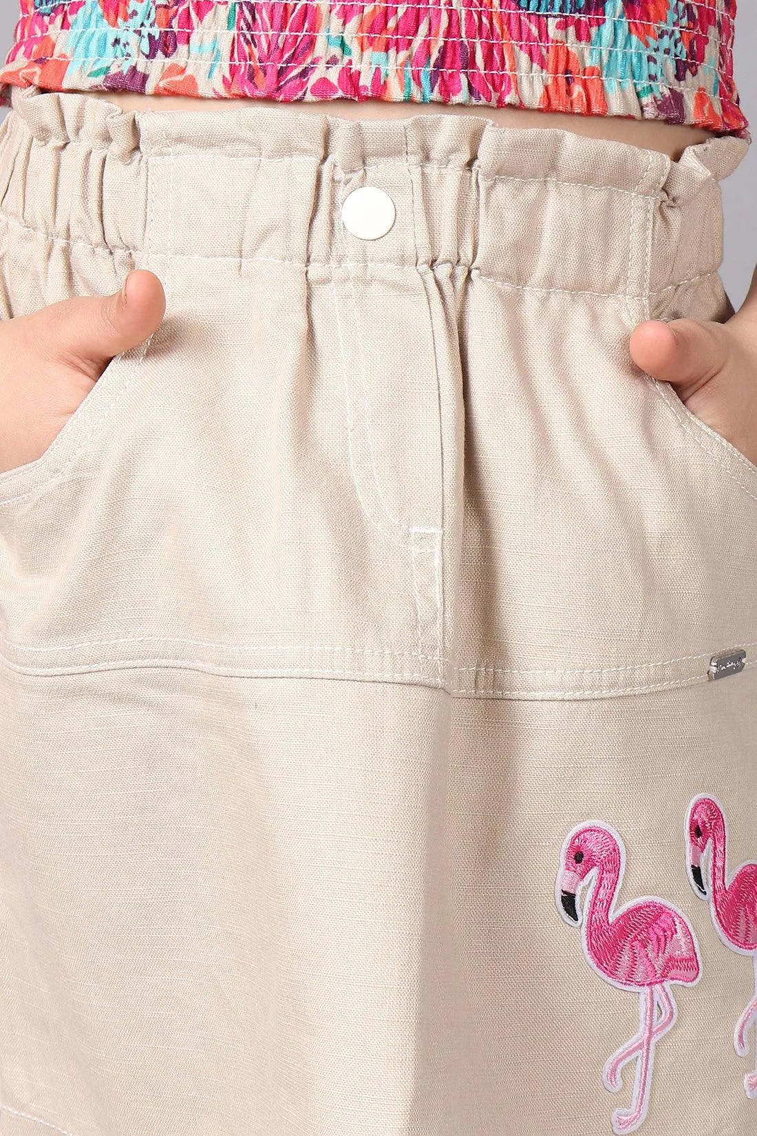 One Friday Kids Girls Beige Cotton Straight Fit Embroidered Skirt