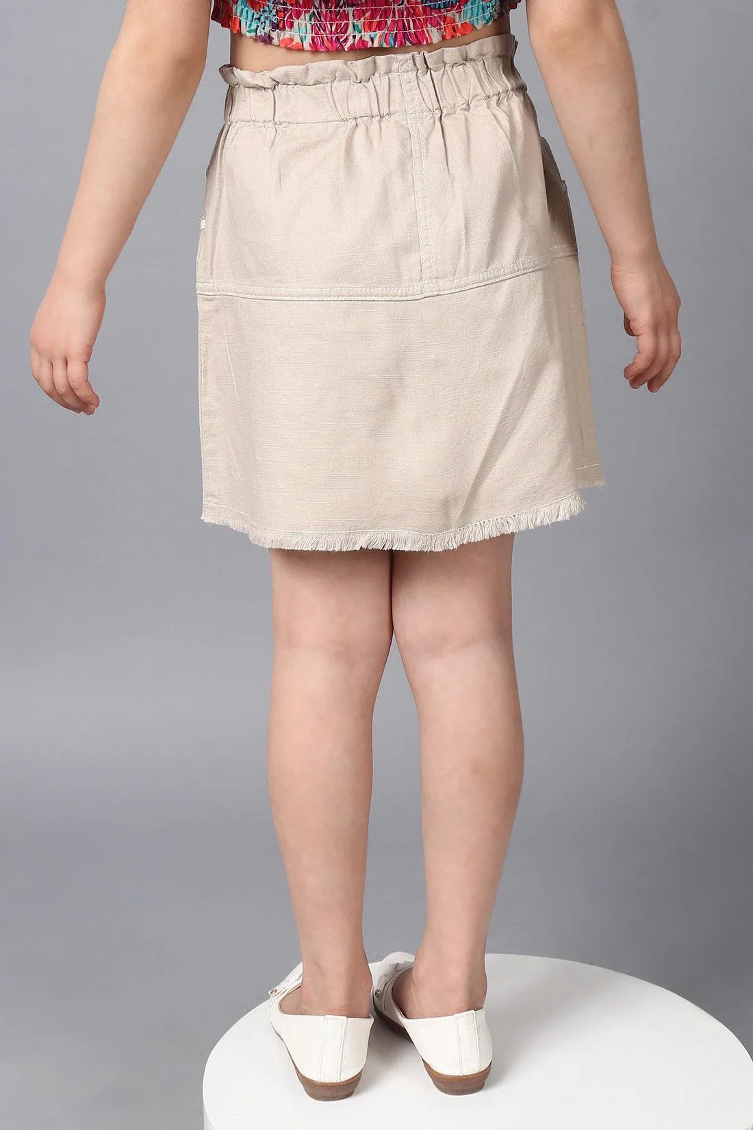 One Friday Kids Girls Beige Cotton Straight Fit Embroidered Skirt