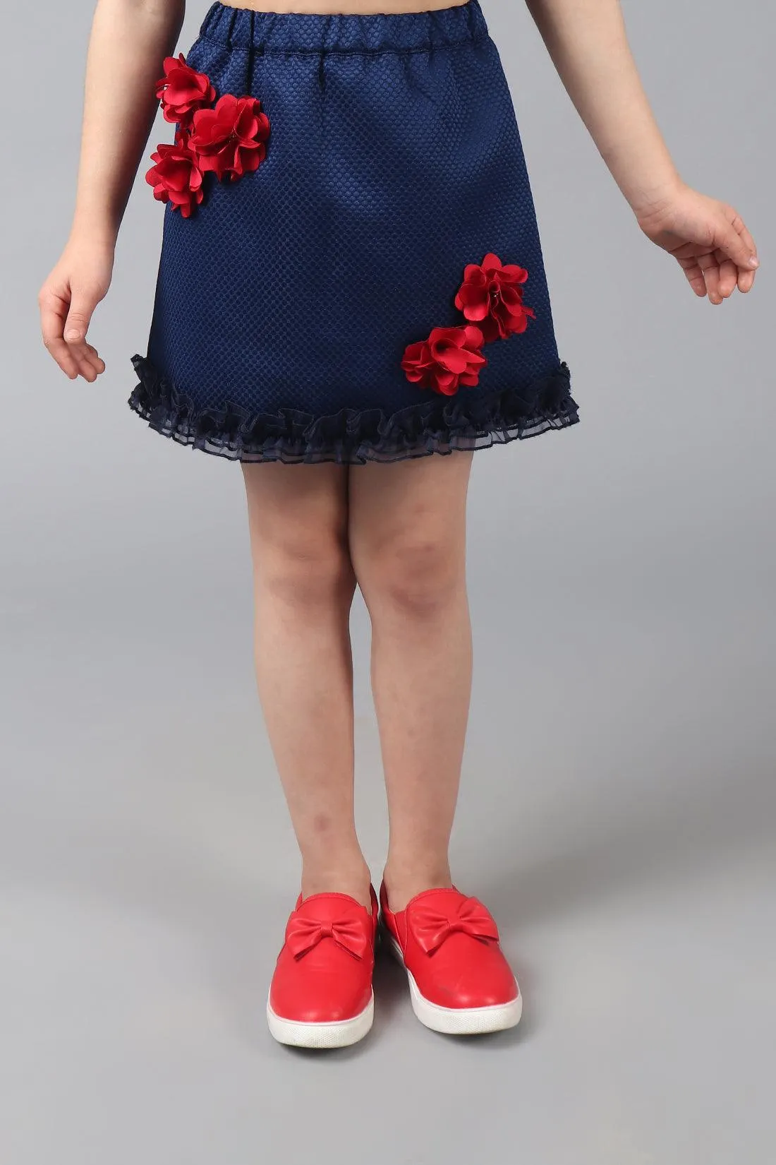 One Friday Kids Girls Navy Blue skirt with elasticated waistband & Embellished flowers