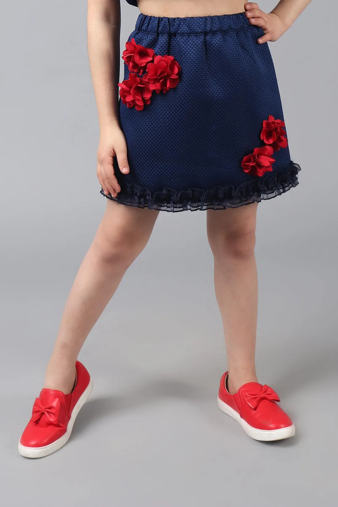 One Friday Kids Girls Navy Blue skirt with elasticated waistband & Embellished flowers