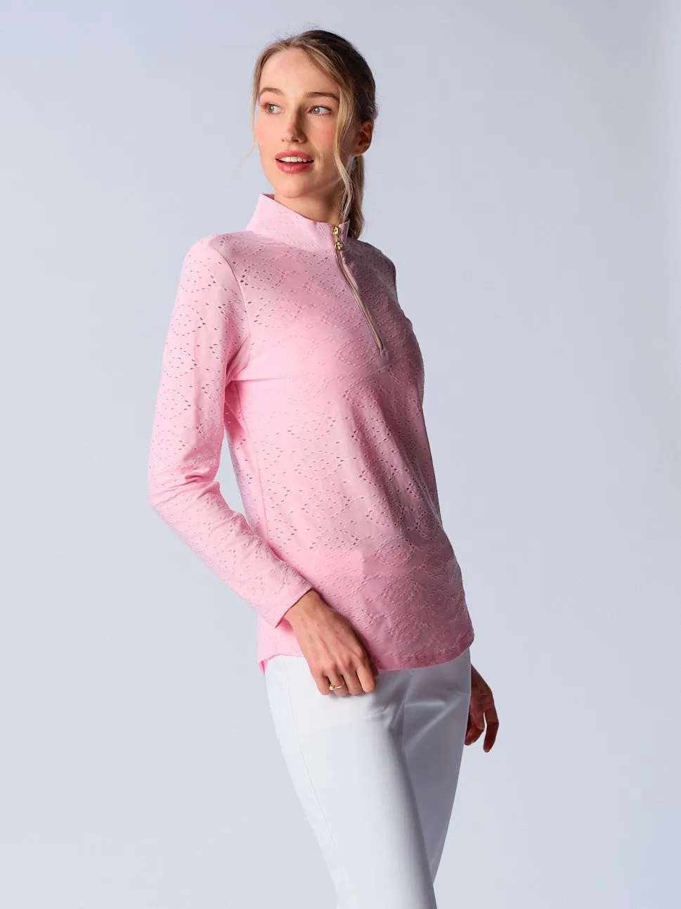 Quarter Zip Sun Protection Top In Pink Eyelet