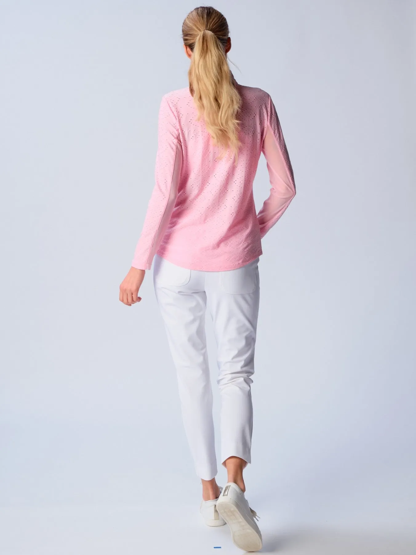 Quarter Zip Sun Protection Top In Pink Eyelet