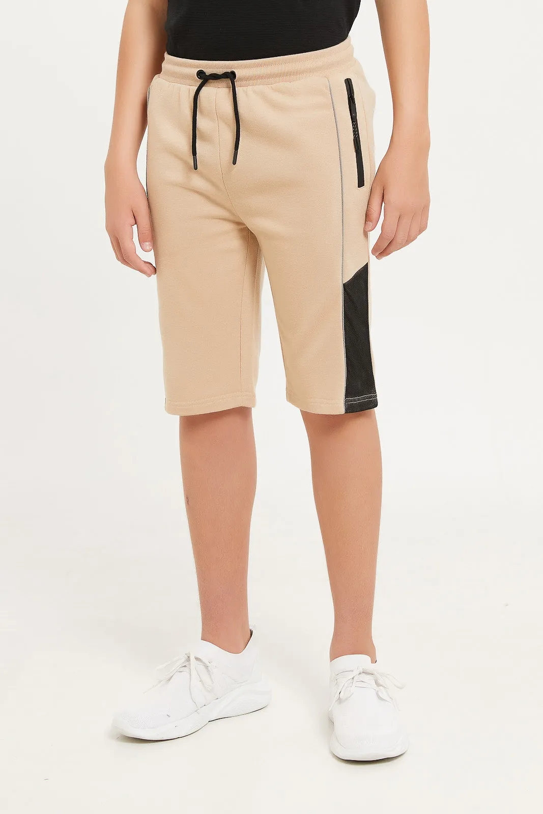 Senior Boys Beige Zip Thru Active Shorts