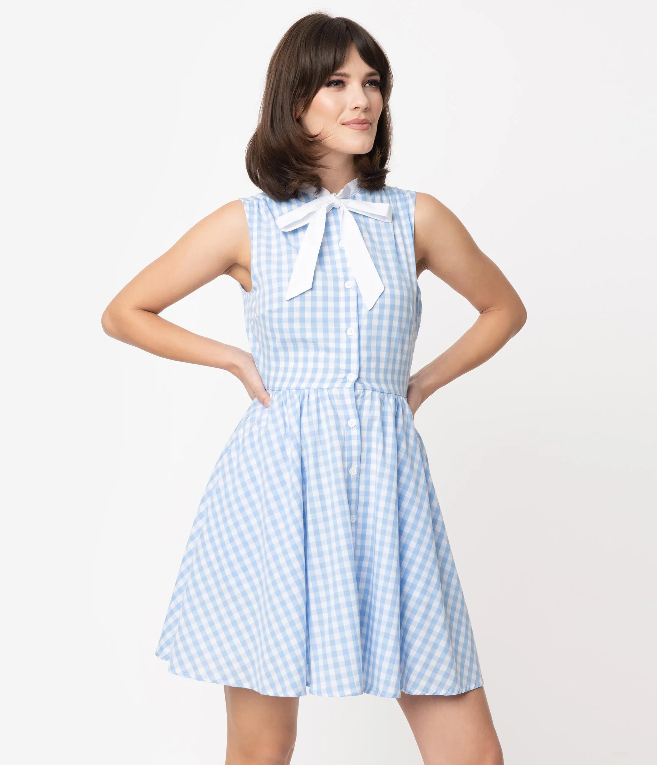 Smak Parlour Light Blue & White Gingham Neck Tie Fit & Flare Queen Bee Dress