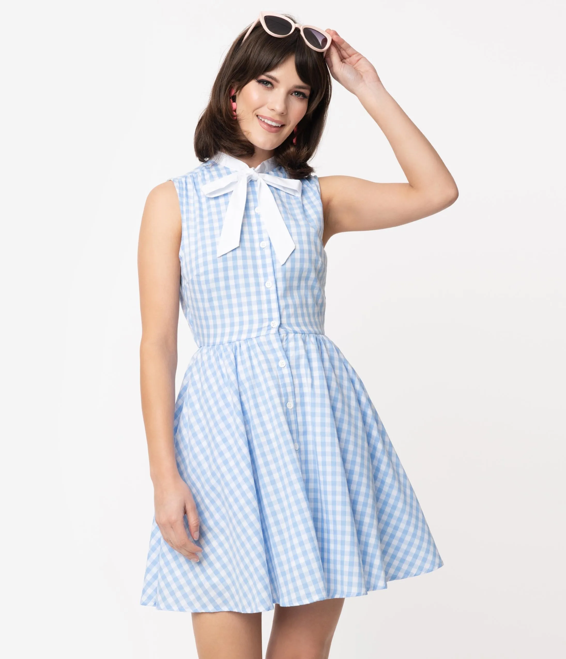 Smak Parlour Light Blue & White Gingham Neck Tie Fit & Flare Queen Bee Dress