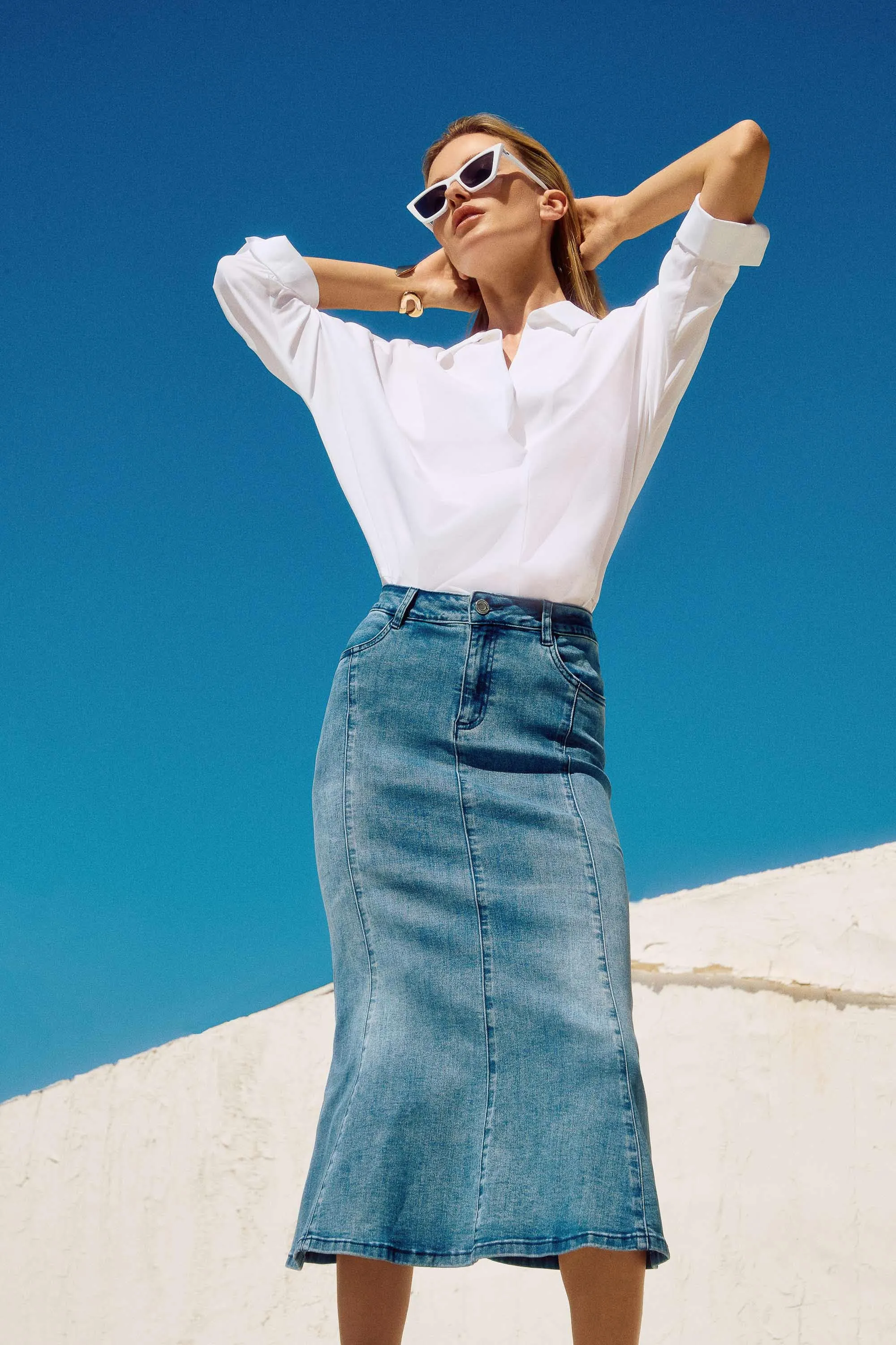 Stretch Denim Trumpet Skirt