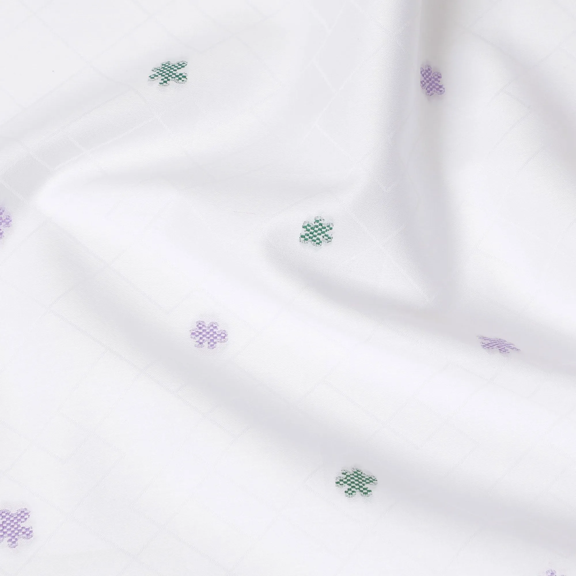 Subtle Elegance Cotton Shirting Fabric, 150 cm Width - Crisp White with Delicate Lavender & Green Accents-D18735