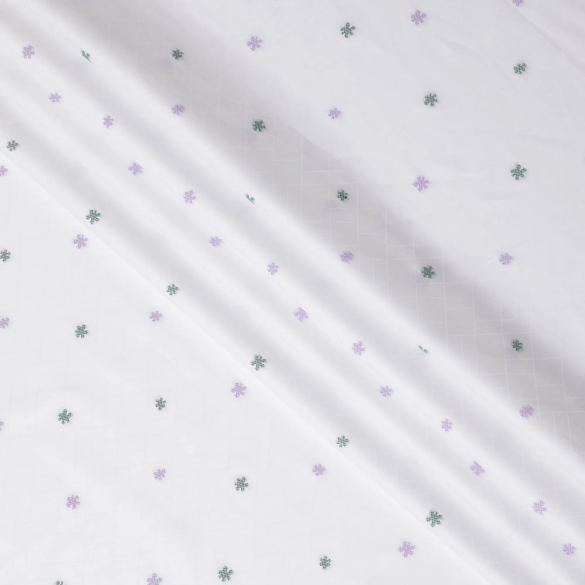 Subtle Elegance Cotton Shirting Fabric, 150 cm Width - Crisp White with Delicate Lavender & Green Accents-D18735