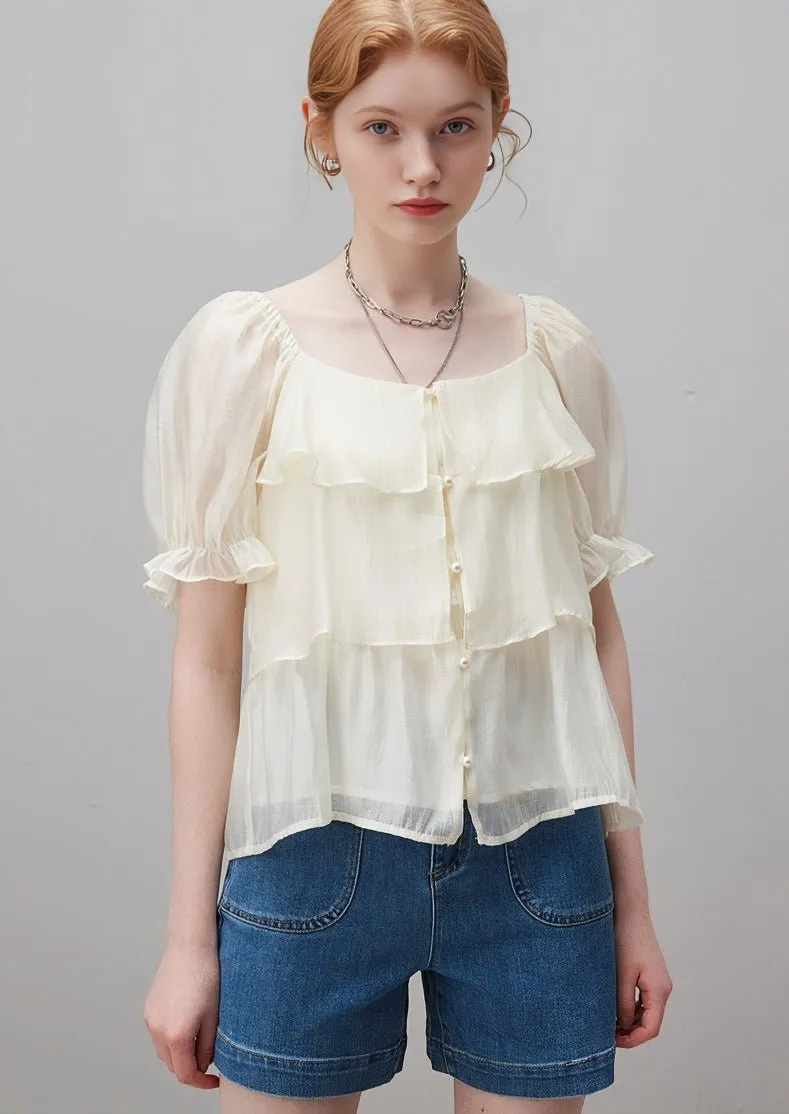 SUMMER RUFFLE STITCH PUFF SLEEVE TOPS