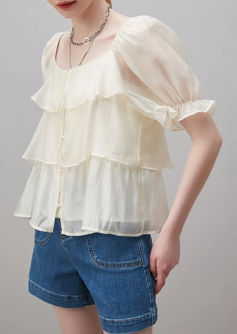 SUMMER RUFFLE STITCH PUFF SLEEVE TOPS