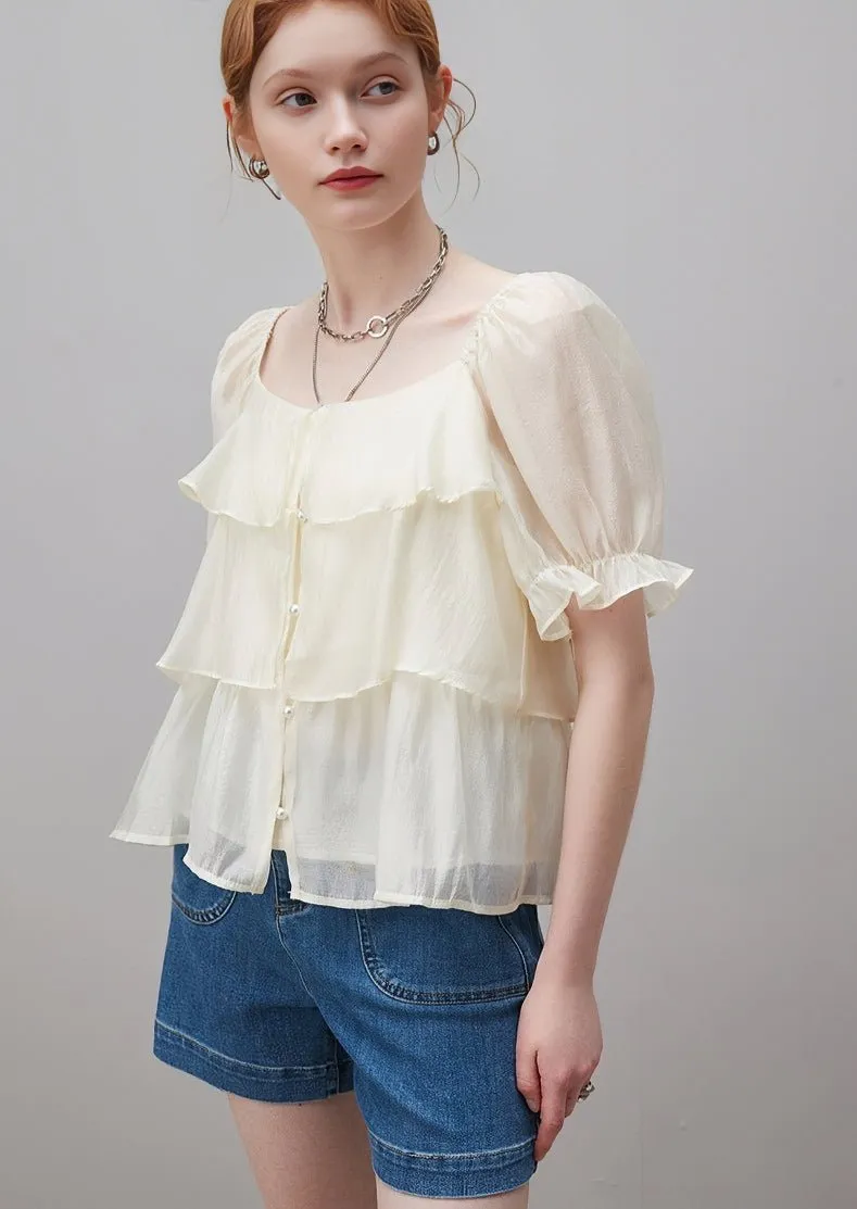 SUMMER RUFFLE STITCH PUFF SLEEVE TOPS