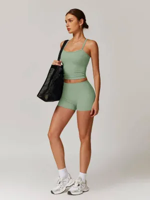 Two Pieces Women's Solid Backless Tracksuit Set, Spaghetti Strap Cami Top & High Waist Skinny Shorts, Ladies Sportswear, Summer Outfits 2024, Tracksuit for Women, Women Sport & Outdoor Clothing