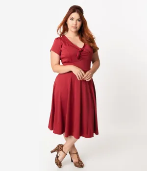 Unique Vintage Plus Size 1940s Style Burgundy Knit Short Sleeve Natalie Swing Dress